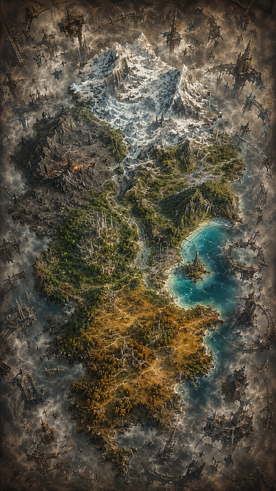 Map of Velora with six regions and Realm Beyond around the edge