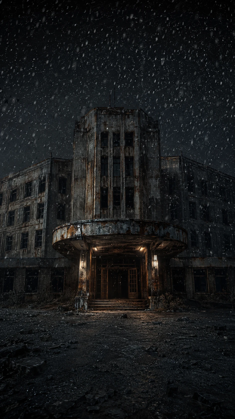 Aged hospital interior with rust and snow-like ash