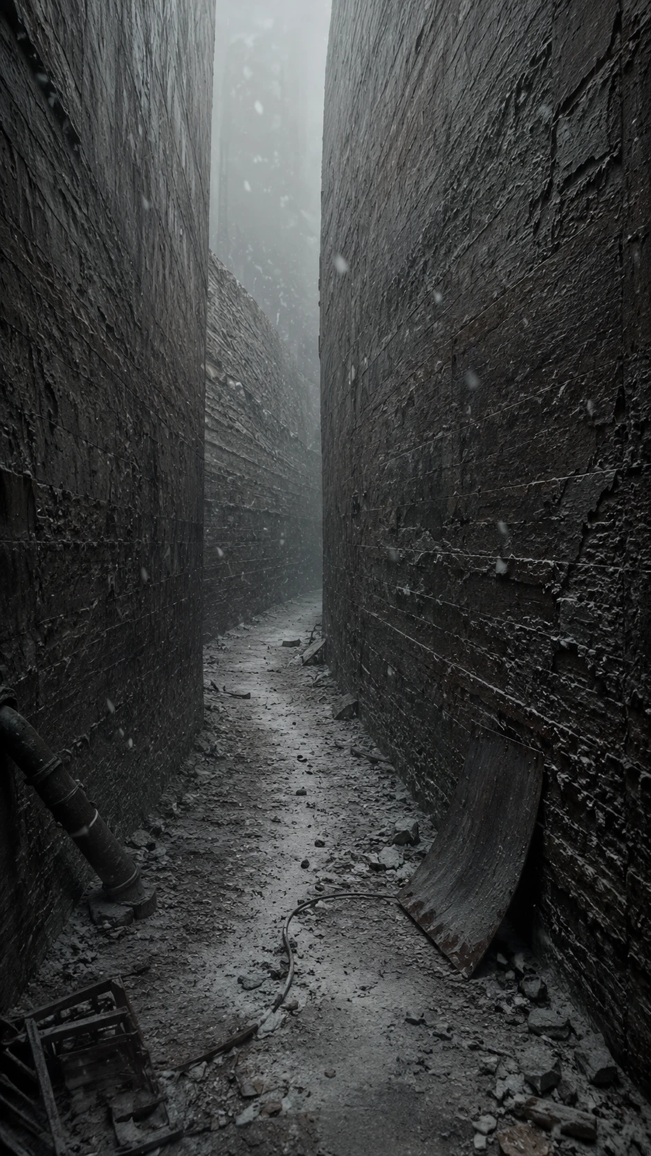 Narrow alley between anonymous walls with a concealed turn