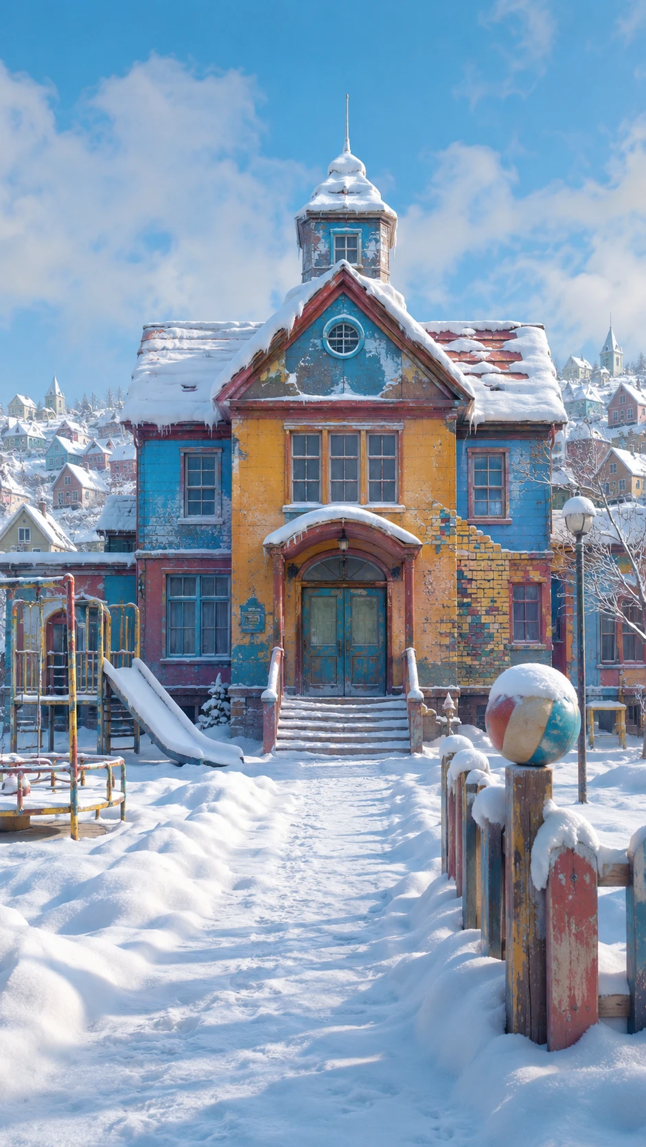 Colourful weathered civic school exterior