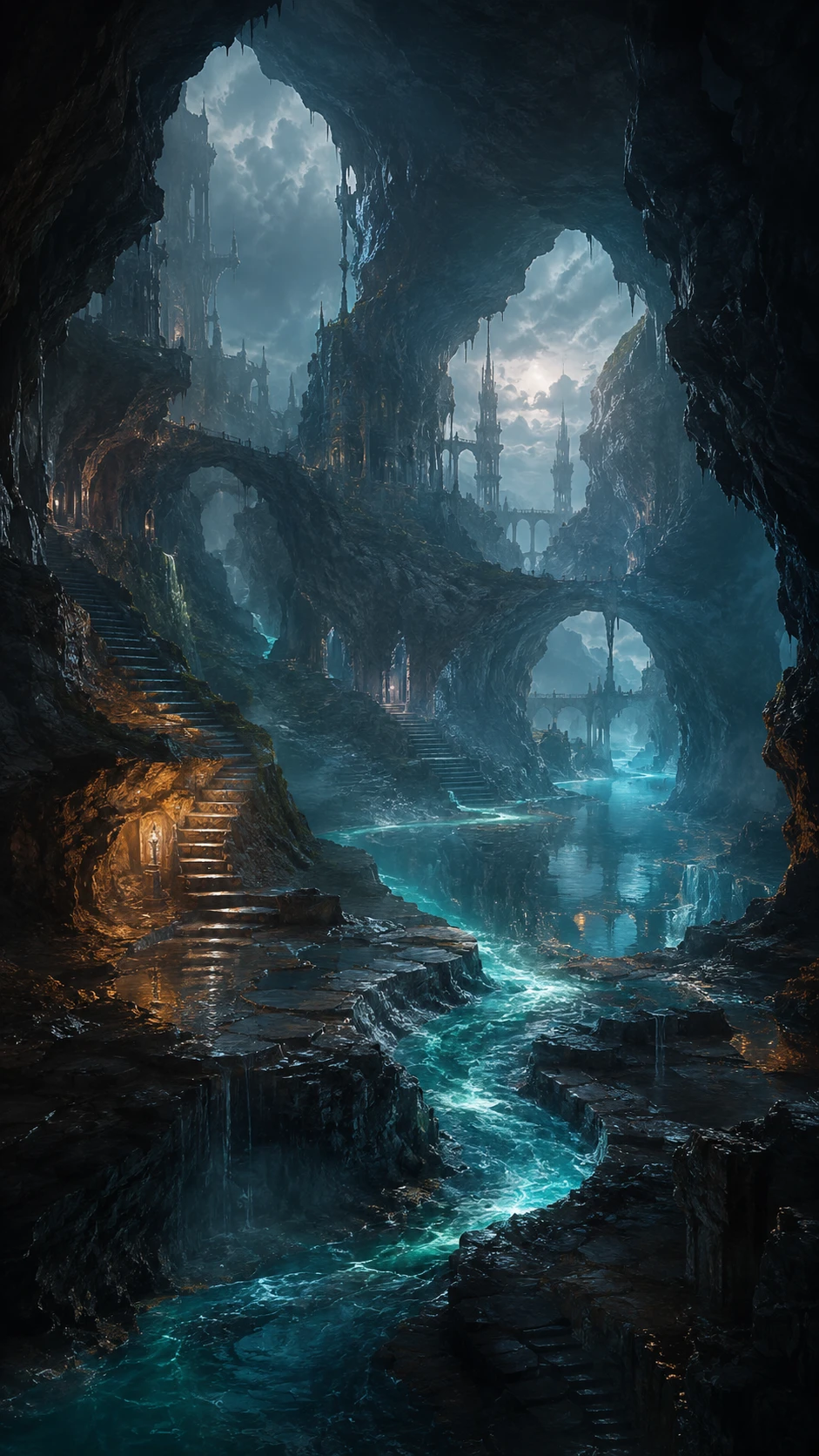 Caves beneath the coast with reflected absent architecture