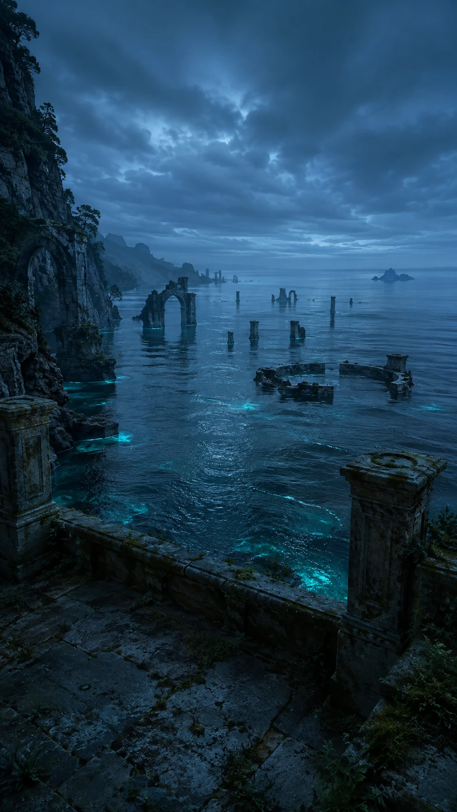 Fixed viewpoint with ruins submerged at high tide