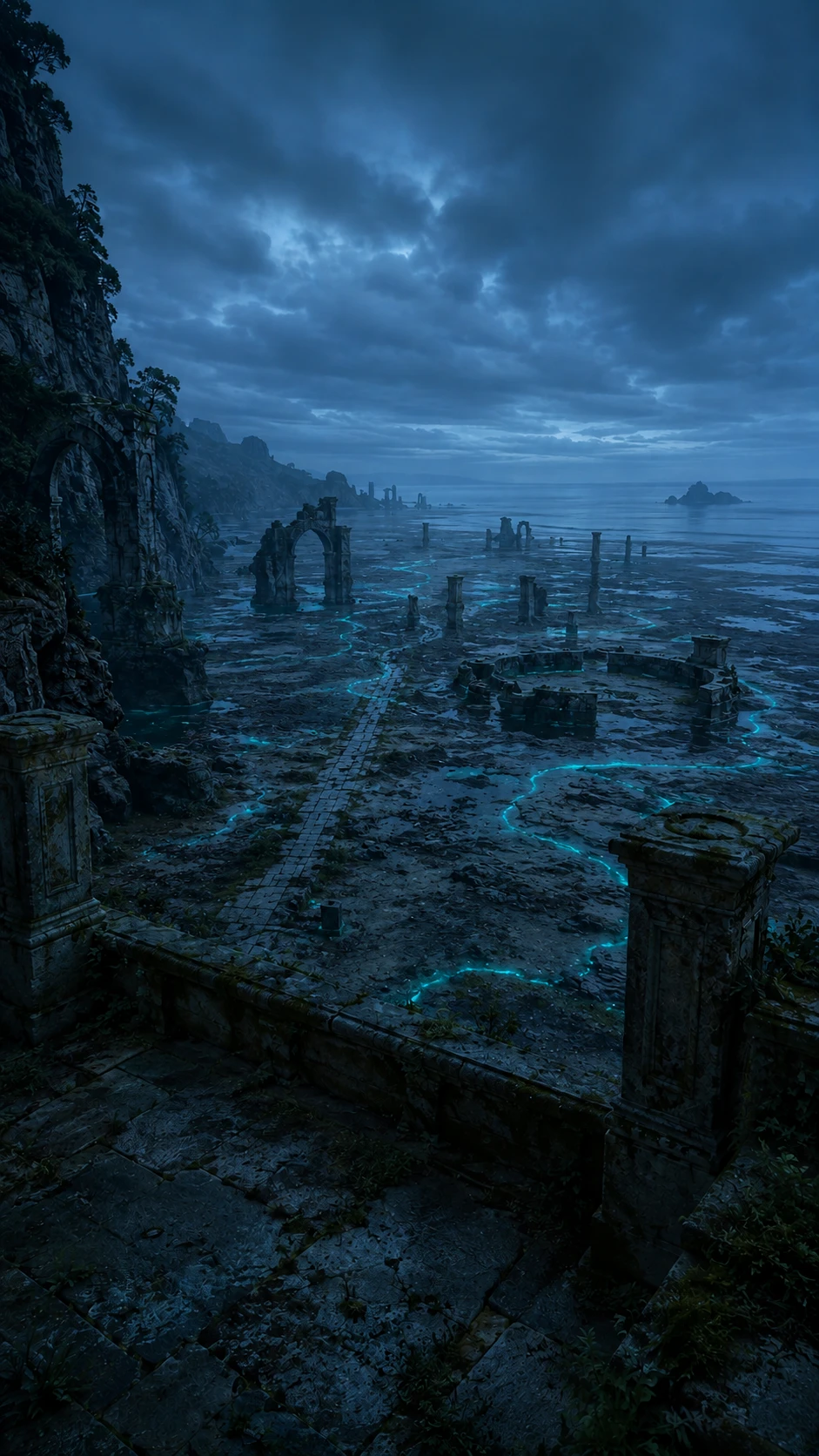 Same viewpoint as high tide with causeway and ruins revealed