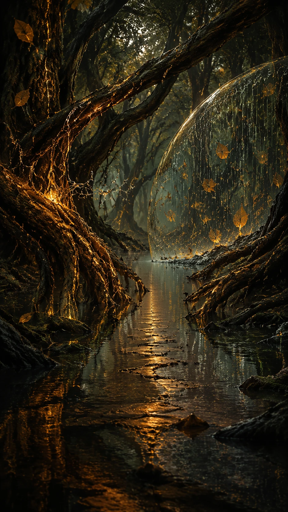 Flooded forest with rain leaves and splashes suspended